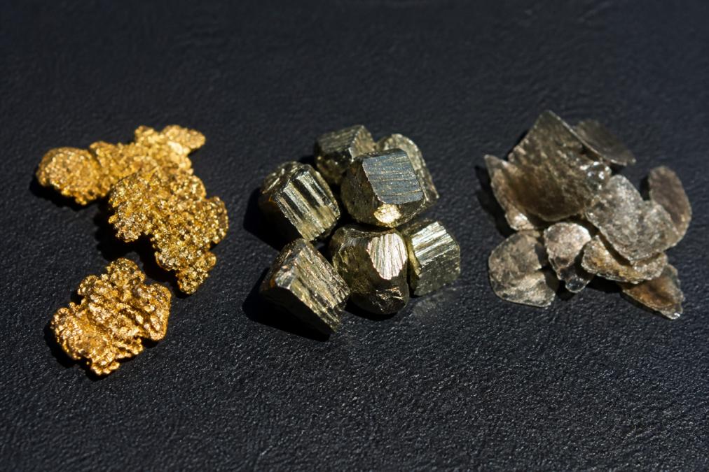Close-up of raw gold flakes displayed next to pyrite and mica samples on a dark surface, showing distinct color differences and metallic luster under natural light