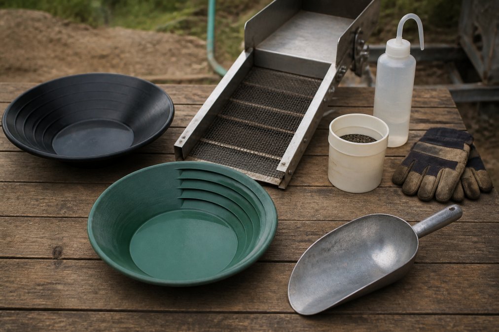 Collection of gold recovery tools arranged on a wooden table, including gold pans, sluice box, classifier, settling bottle, and safety gloves under natural lighting