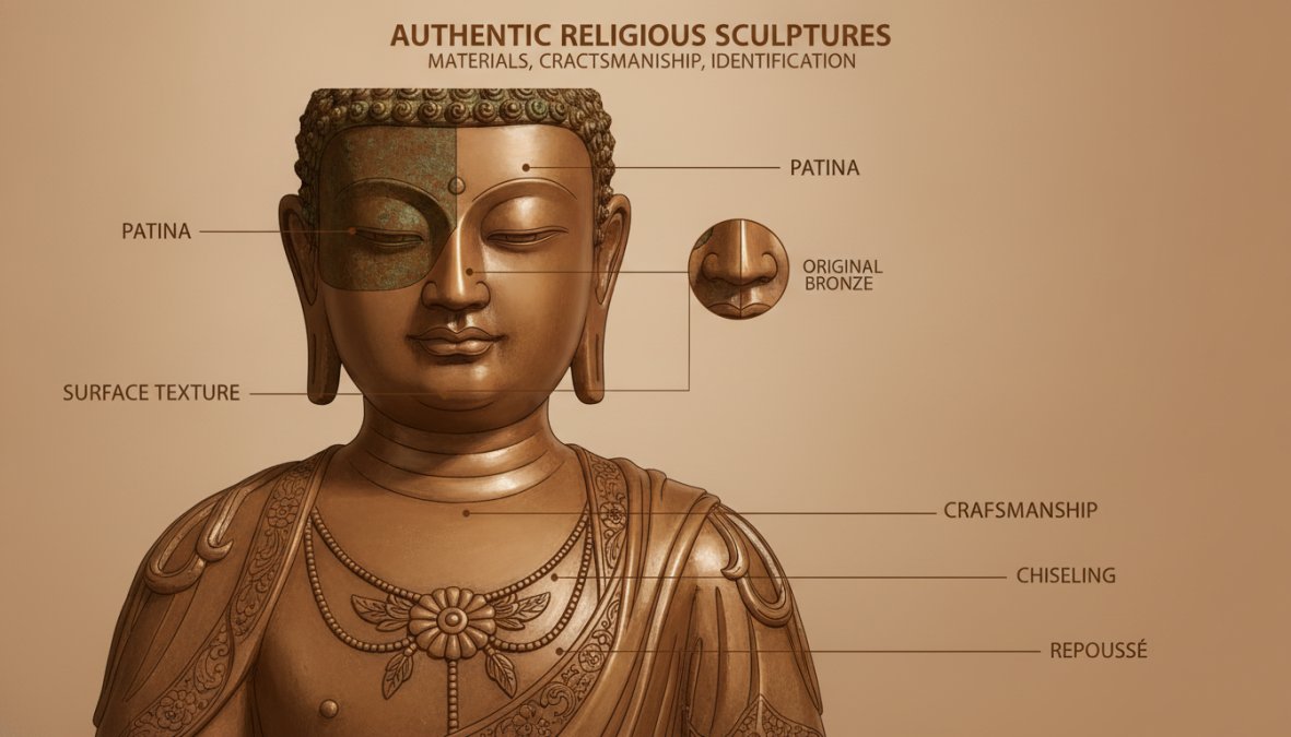 Close-up of an ancient bronze Buddhist sculpture showing detailed patina, surface texture, weathering patterns, and craftsmanship visible on the face and ornate robes