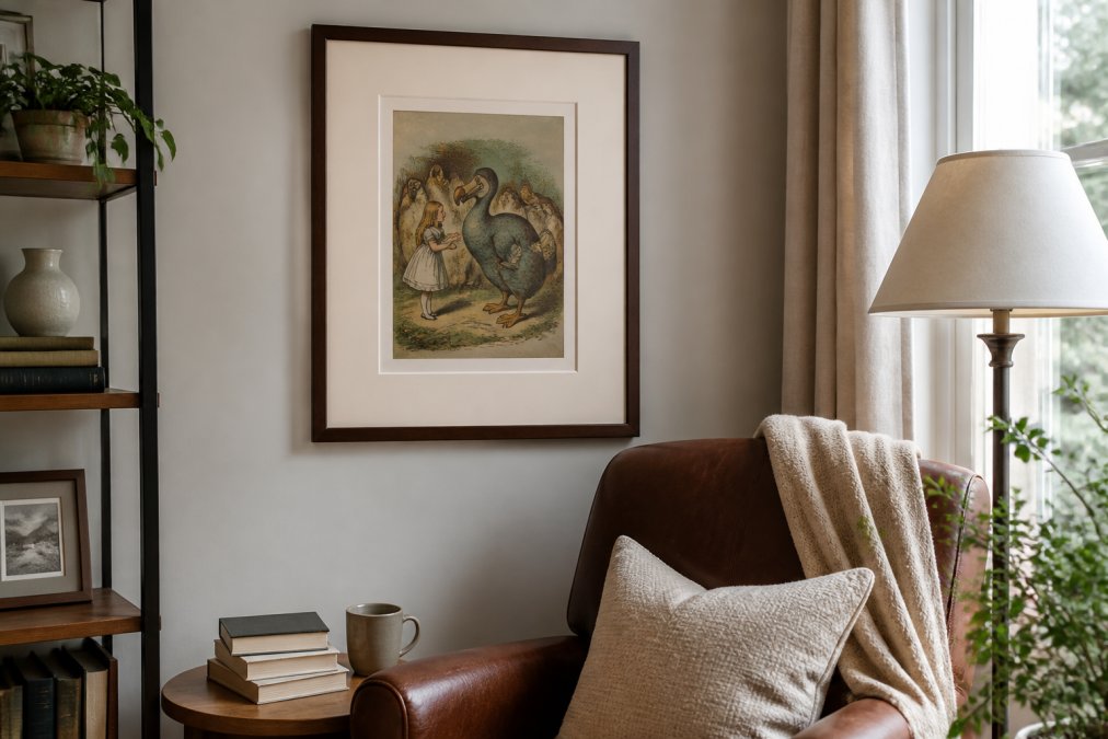 Framed vintage storybook illustration hanging on a living room wall above a reading chair, showing proper matting, archival framing, and integration with modern home decor