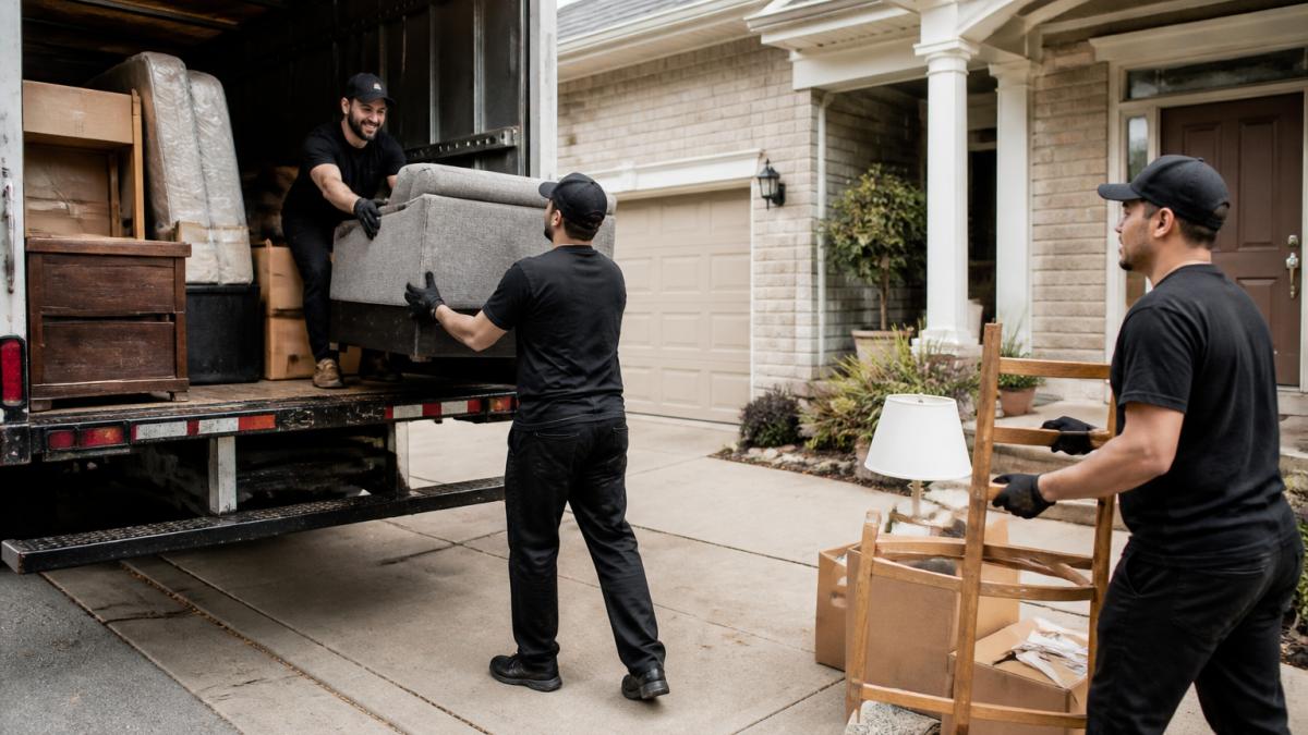 Professional junk removal crew loading furniture and household items into a truck outside a residential home, showing teamwork and efficient handling of large items