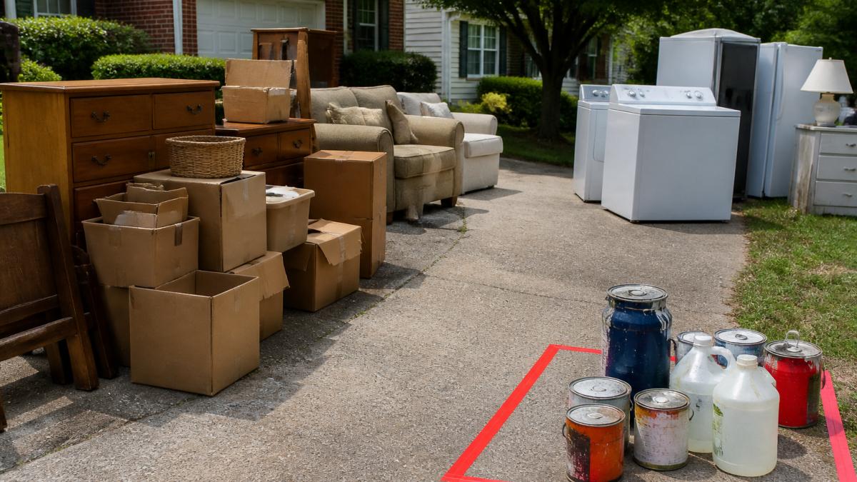 Residential driveway with organized piles of old furniture, cardboard boxes, and appliances staged for removal, with clear pathways between items and a marked section for hazardous materials