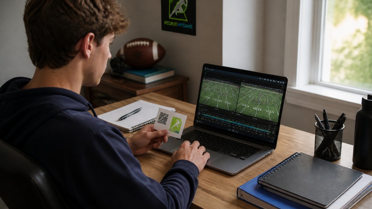 Student-athlete reviewing their recruiting profile on a laptop while holding a QR business card, sitting at a desk with film footage visible on screen in a modern home office with natural lighting