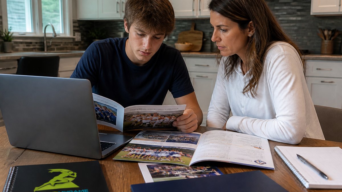 A high school student-athlete sitting at a kitchen table with a parent, reviewing college brochures and a laptop showing a recruiting profile page, with a notebook and pen nearby