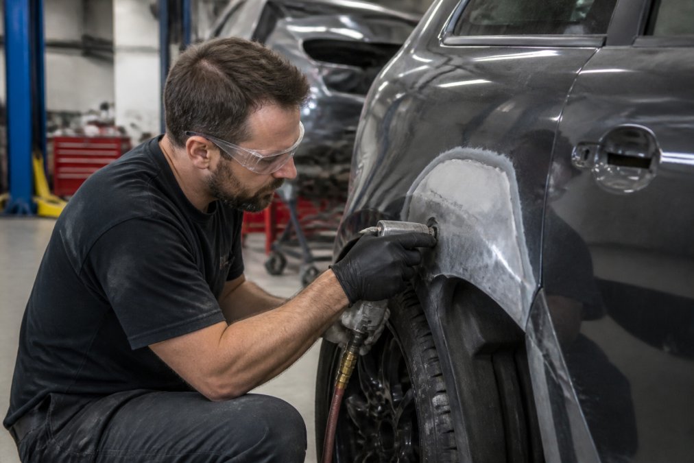 A collision repair technician in safety glasses and gloves using a pneumatic tool on a damaged vehicle fender inside a well-lit auto body shop with lifts and tool chests visible
