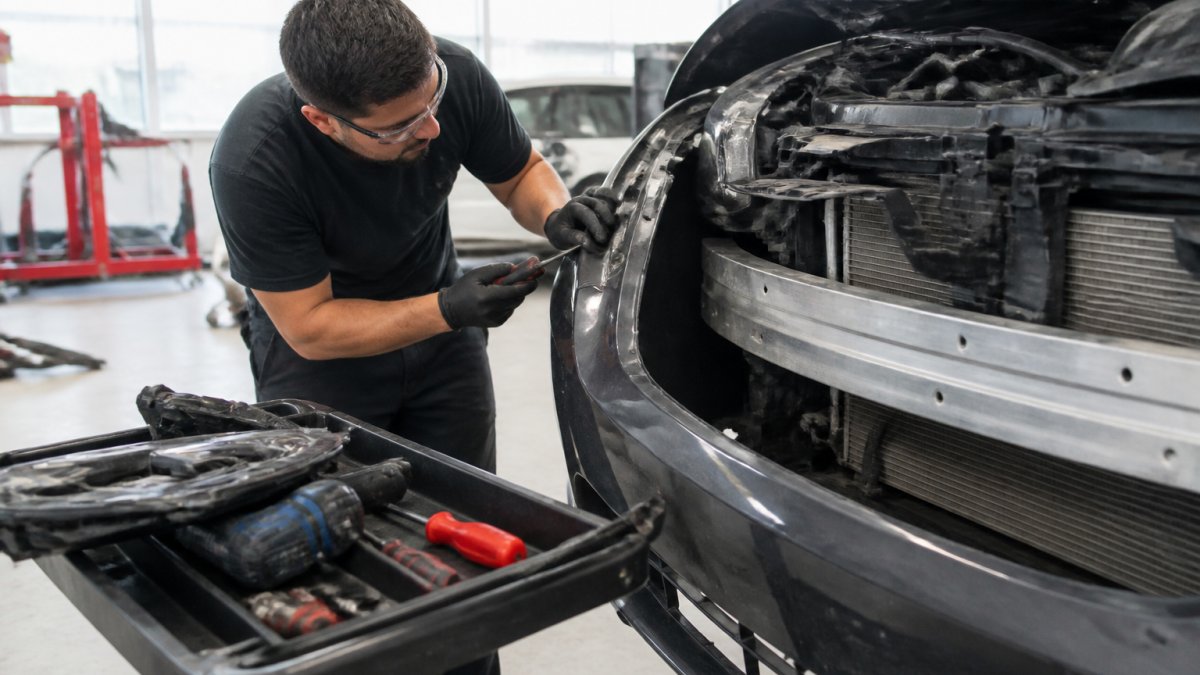 A technician in safety glasses and gloves using a hand tool to remove a damaged front bumper panel from a car inside a clean, well-lit auto body shop, with parts neatly organized on a nearby cart