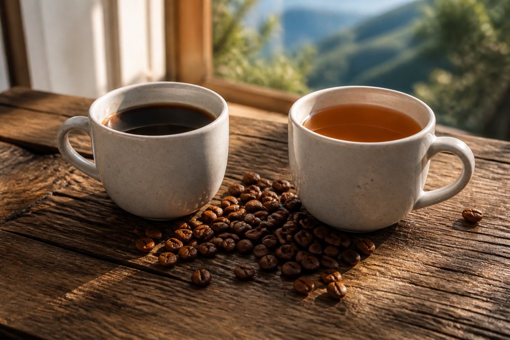 Two ceramic coffee cups on a rustic wooden table, one filled with rich dark brown coffee and the other with a lighter amber brew, whole coffee beans scattered between them, soft morning window light