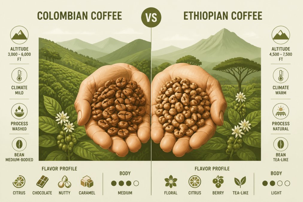 Close-up of hands holding fresh Colombian and Ethiopian coffee beans side by side, showing distinct color and texture differences, with a blurred coffee farm landscape and mountains in the background