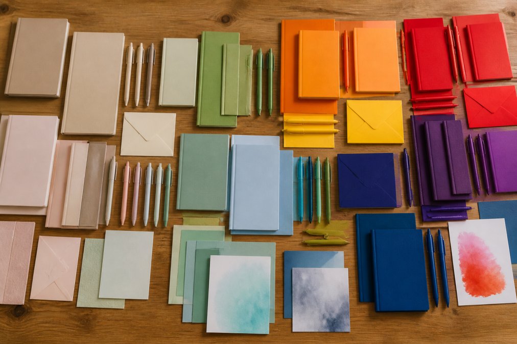 Flat lay arrangement of stationery items displaying color palette spectrum, muted pastels and earth tones on left transitioning to vibrant saturated colors on right, including notebooks, pens, paper samples, and greeting cards arranged by chromatic intensity