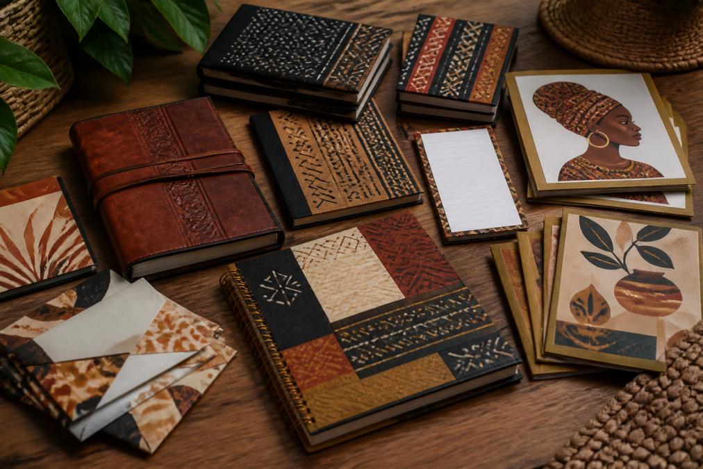 Close-up display of diverse stationery collection featuring rich earth tones, warm jewel tones, and bold cultural designs, journals, notepads, greeting cards, and envelopes with authentic African American heritage aesthetics and patterns arranged together on natural surface