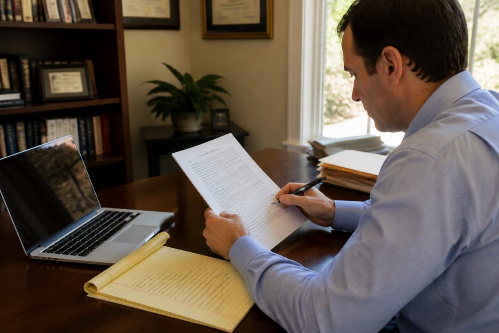 A person sitting at a wooden desk reviewing a legal document with a pen, a laptop showing a court website, and a notebook with notes, in a home office setting with natural light