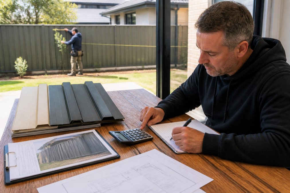 Contractor measuring a boundary for colorbond fencing installation cost Melbourne project