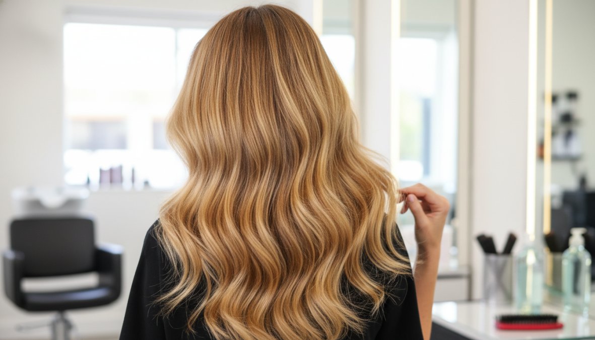 Professional hairstylist applying balayage technique to a client's dark brown hair in a modern salon, with honey blonde highlights visible on painted sections of hair, warm salon lighting, tools and foils visible on the workstation