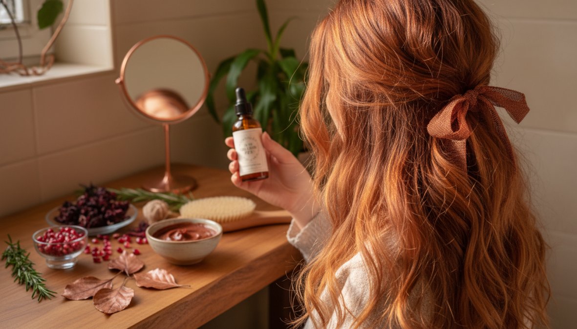 Woman in a bright bathroom applying a deep conditioning hair mask to copper-red hair, amber-toned products arranged on a white marble countertop, soft morning light coming through a frosted window