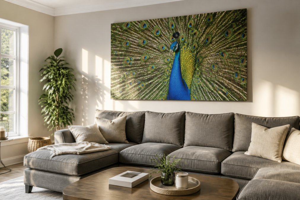 A modern living room with a large wildlife photography print of a colorful peacock displayed prominently above a gray sofa, with natural morning light streaming through windows illuminating the vibrant feathers