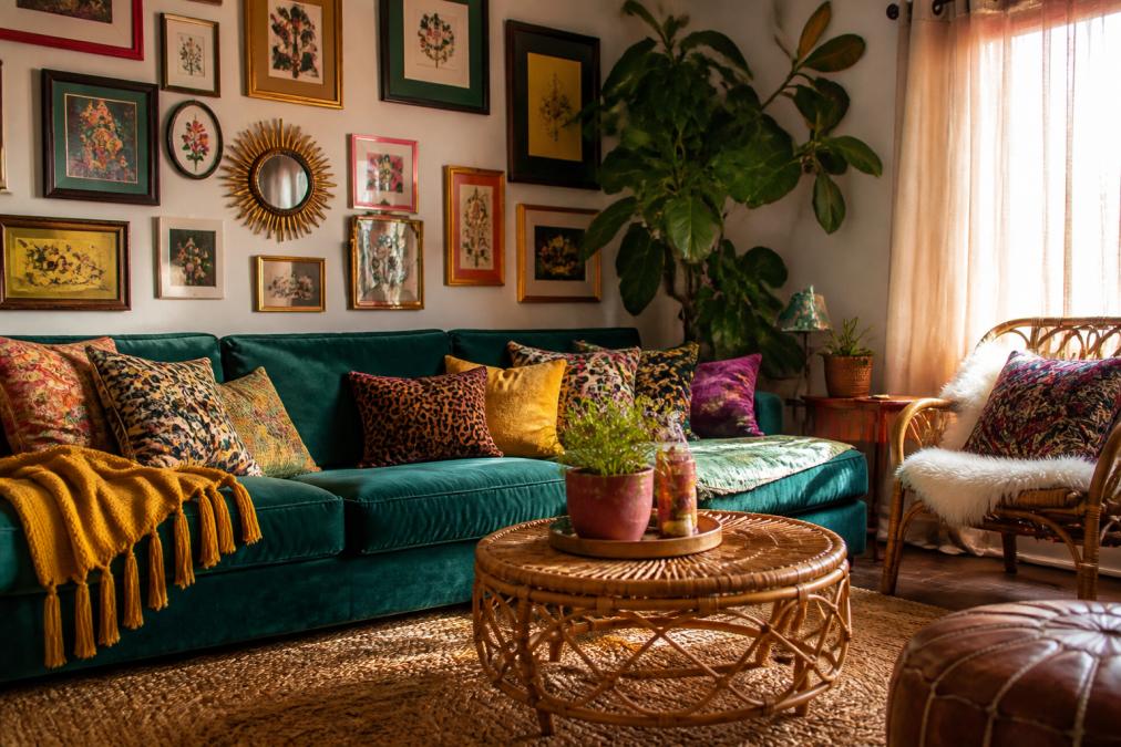 A cozy maximalist living room corner with a deep teal velvet sofa, layered patterned throw pillows, gallery wall of mismatched colorful frames, woven jute rug, and warm afternoon light through sheer curtains