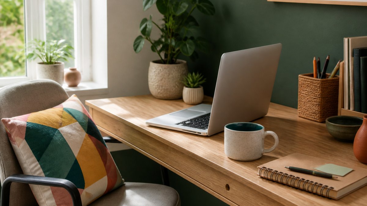 A small home office corner with a deep green accent wall, a light wood desk, a multicolor accent pillow on a chair, and a ceramic mug with a colored interior sitting beside a laptop; soft daylight from a side window, no people, styled but lived-in