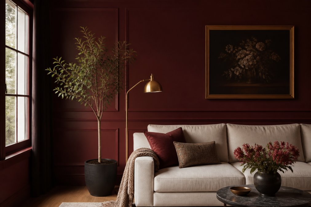 A cozy living room corner where the walls, trim, and ceiling are painted in a deep merlot red, with a cream sofa and a brass floor lamp adding contrast