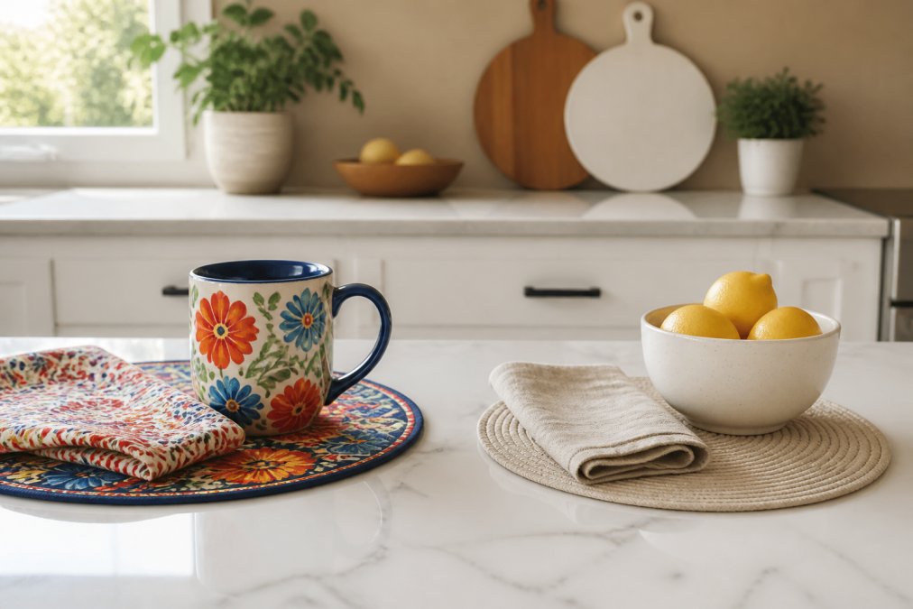 A bright modern kitchen with white cabinets and a beige wall, styled with a colorful ceramic mug, patterned placemat, and cloth napkin on the countertop beside a bowl of lemons, natural daylight from a window