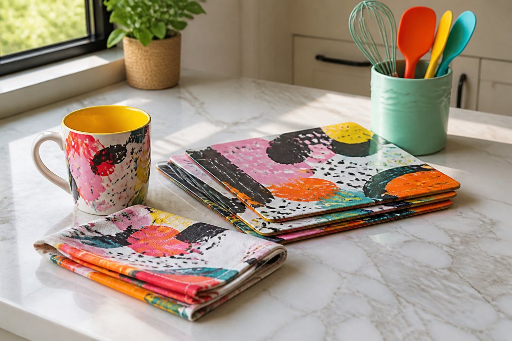 A bright modern kitchen countertop styled with a colorful ceramic mug with a yellow interior, a stack of multicolor graffiti-print placemats, a folded vibrant hand towel, and a small silicone utensil crock, shot in natural daylight