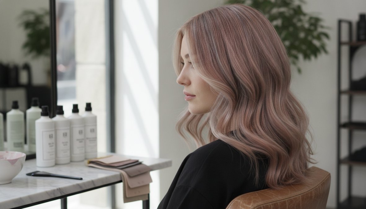 Donna con pelle chiara e capelli biondo champagne illuminati dalla luce naturale, che mostra la luminosità e i riflessi dorati della tonalità