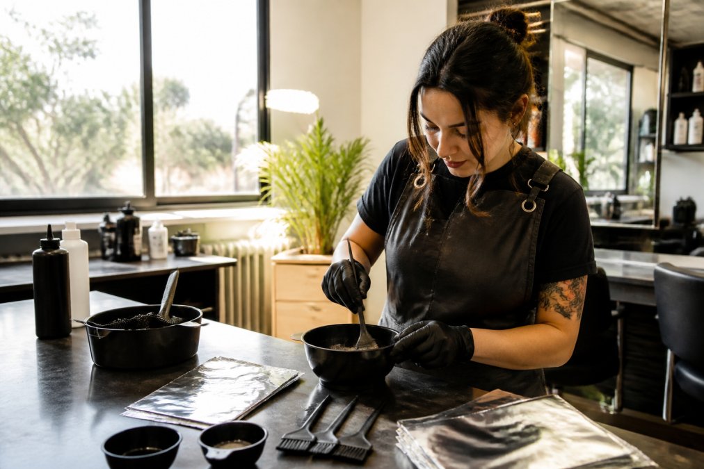 Professional hair colorist mixing dye in a stain-resistant bowl as a high-quality colortrak alternative