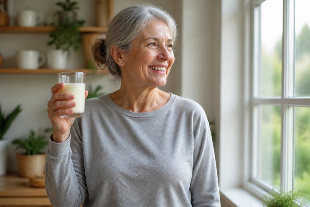 Active senior adult in bright home setting near a window, holding a glass of colostrum supplement with a warm, healthy expression, appearing energized and well