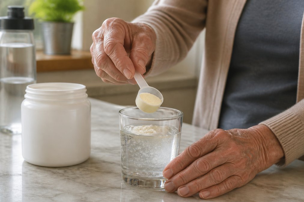 Close-up of hands measuring colostrum powder into a glass on a clean kitchen counter, with a supplement container and water bottle visible in natural morning light