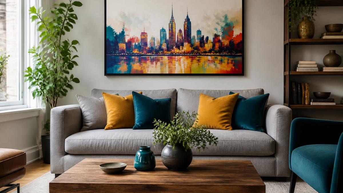A bright modern living room with a large colourful cityscape art print in a black frame hung above a neutral grey sofa, styled with mustard and teal cushions and a low wooden coffee table