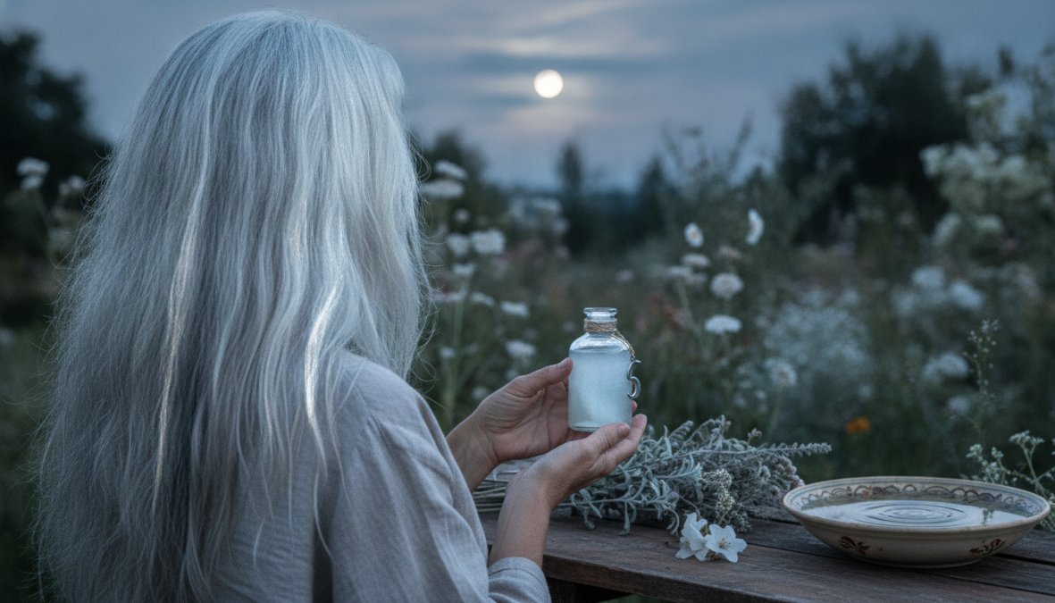 Donna con capelli bianchi naturali seduta su poltrona in salone professionale luminoso, un hair stylist applica delicatamente ciocche con pennello, riflessi argentati e perlati catturano la luce naturale che filtra da grandi finestre