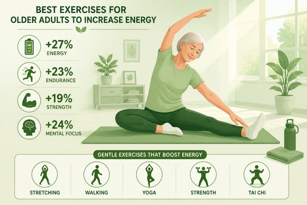 Older adult performing gentle stretching exercises in a bright home living room with natural sunlight streaming through windows, showing mobility and controlled movement