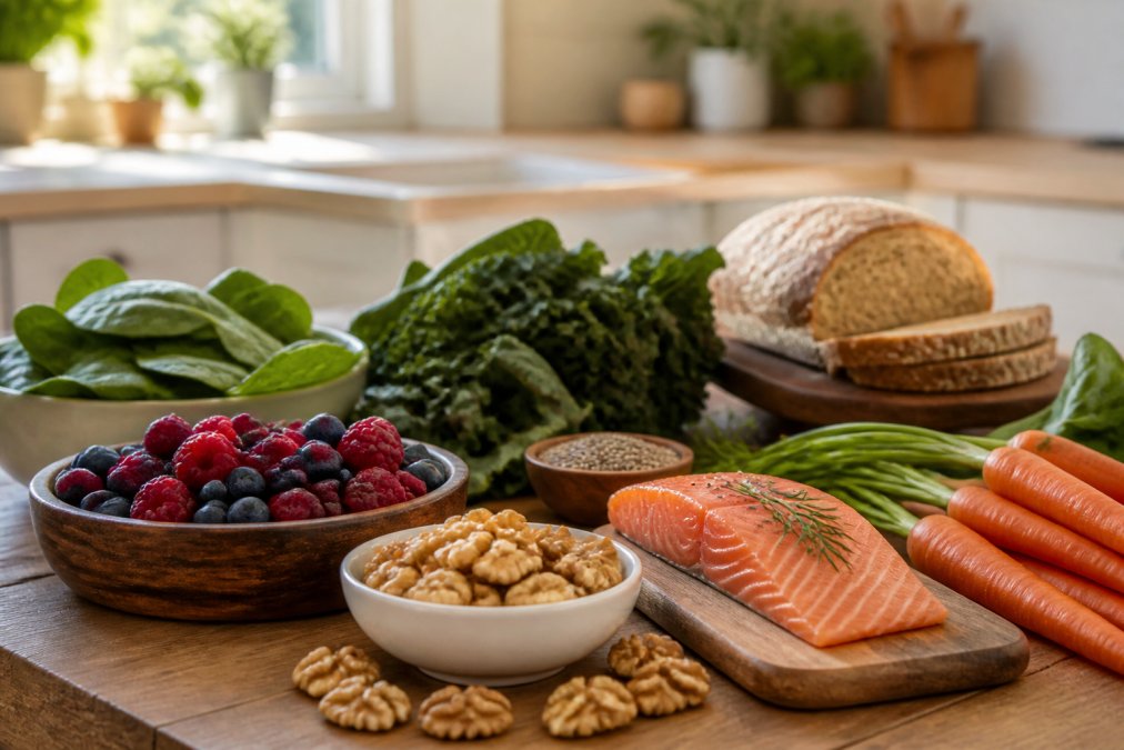 Colorful spread of nutrient-dense foods arranged on a natural wood kitchen counter including fresh leafy greens, wild berries, whole grain bread, walnuts, salmon fillet, and bright orange carrots in natural afternoon sunlight