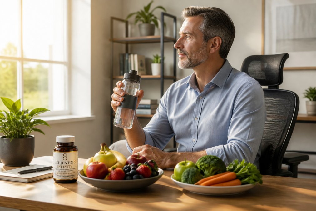 Professional sitting at ergonomic desk with natural sunlight streaming through window, holding a water bottle, with fresh fruit and vegetables visible, appearing focused and alert