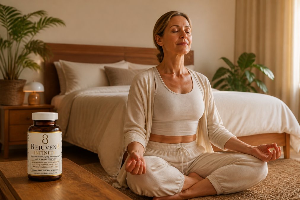 Person in peaceful meditation pose in calm bedroom with soft warm lighting, surrounded by plants, appearing deeply relaxed and serene