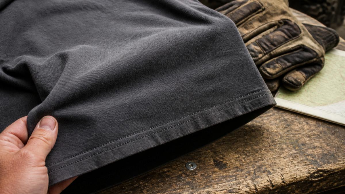 Close-up of a heavyweight cotton t-shirt stretched over a work bench, showing thick fabric weave and double-stitched hem, with dusty off-road gloves and a folded trail map nearby