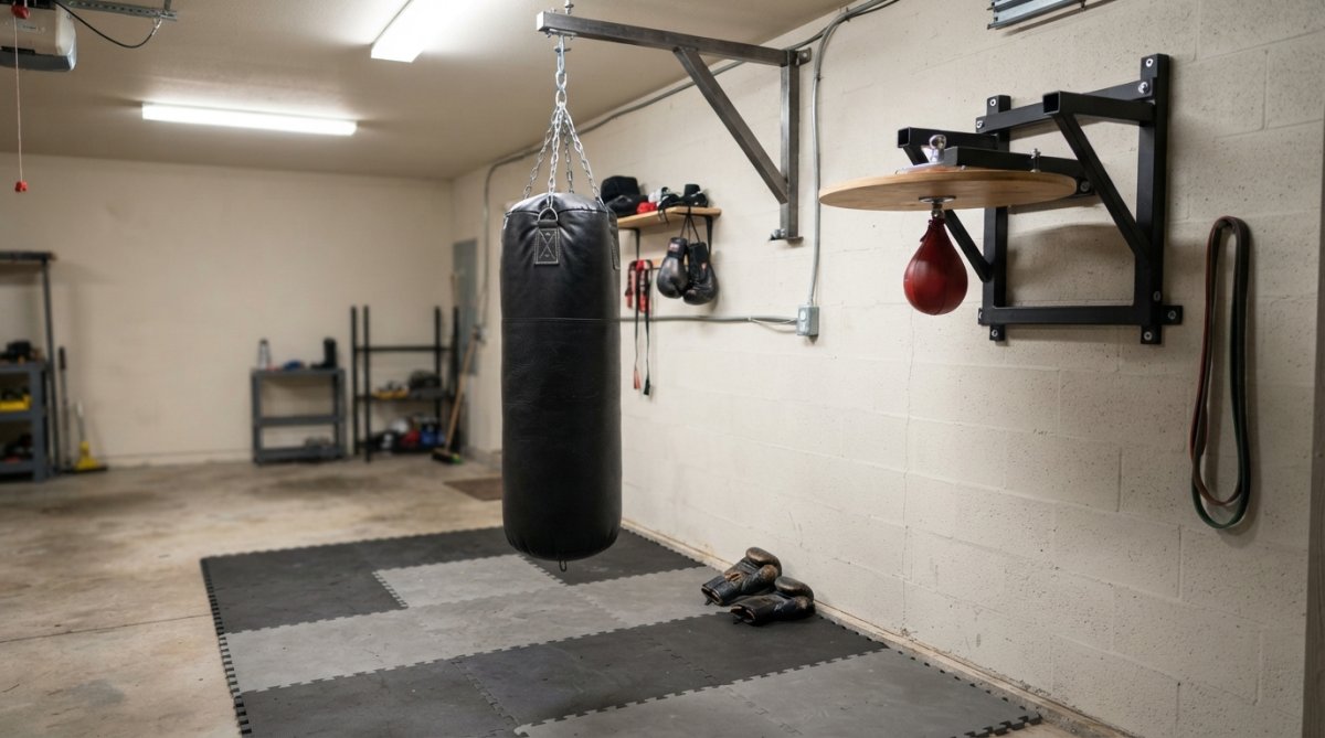 A clean, organized home gym corner with a black heavy punching bag hanging from a sturdy ceiling mount, interlocking black and gray floor mats beneath, and a wall-mounted speed bag platform nearby, lit by bright overhead garage lighting