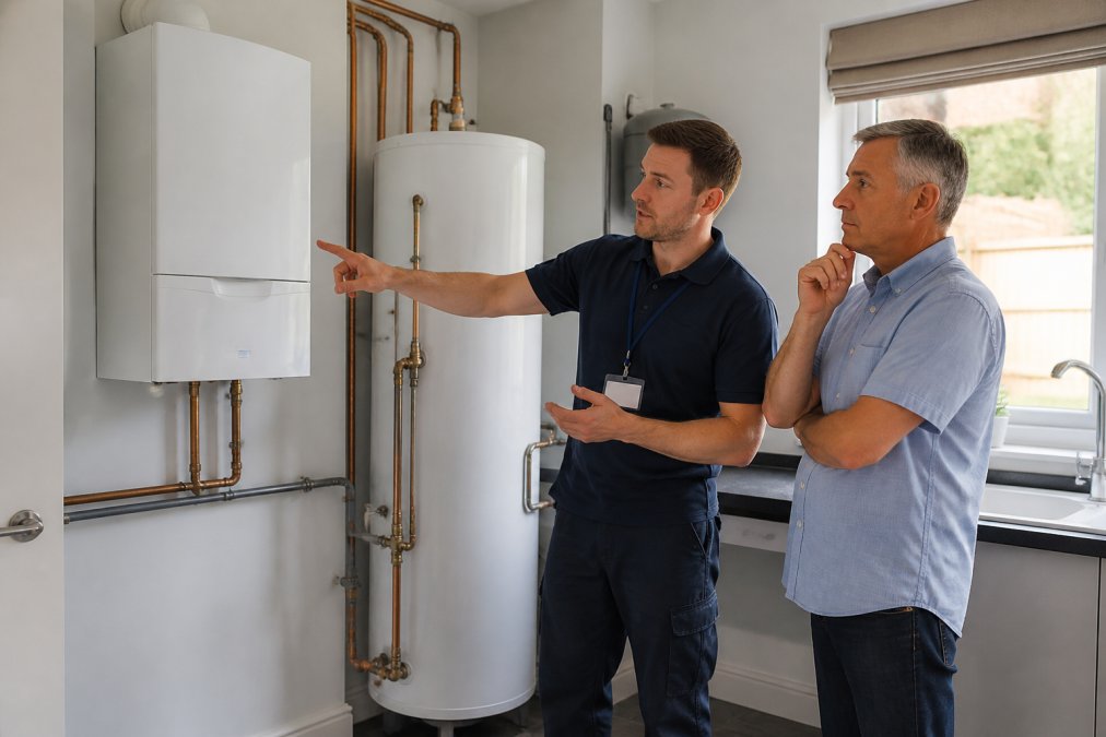 A Gas Safe registered engineer in uniform explaining boiler options to a homeowner in a spacious utility room, pointing at a wall-mounted combi boiler with a hot water cylinder nearby, natural daylight through a window