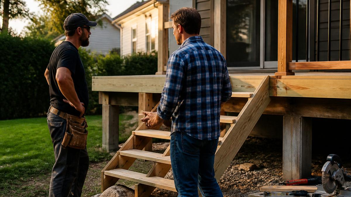 Un entrepreneur discute avec un propriétaire pour ajouter escalier patio en bois au jardin.