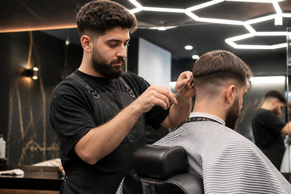 Un barbier professionnel réalise une coupe barbier précise aux ciseaux dans un salon moderne à l'éclairage élégant.