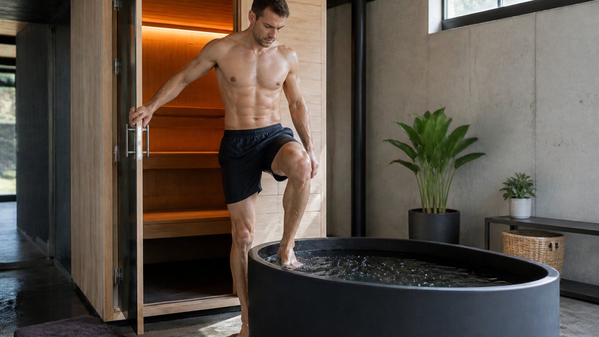 Athlete transitioning from infrared sauna to cold plunge tub in modern home recovery space, showing contrast therapy in action with natural lighting