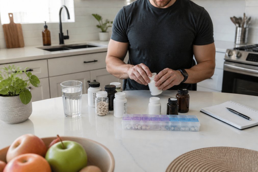 Person organizing daily pill containers and NAD boosters in a bright kitchen with a notebook and water glass