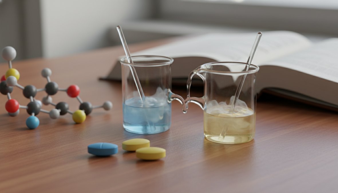 Close-up of two different prescription pill bottles with white labels on a clean white surface next to a full glass of water, soft natural light from a window