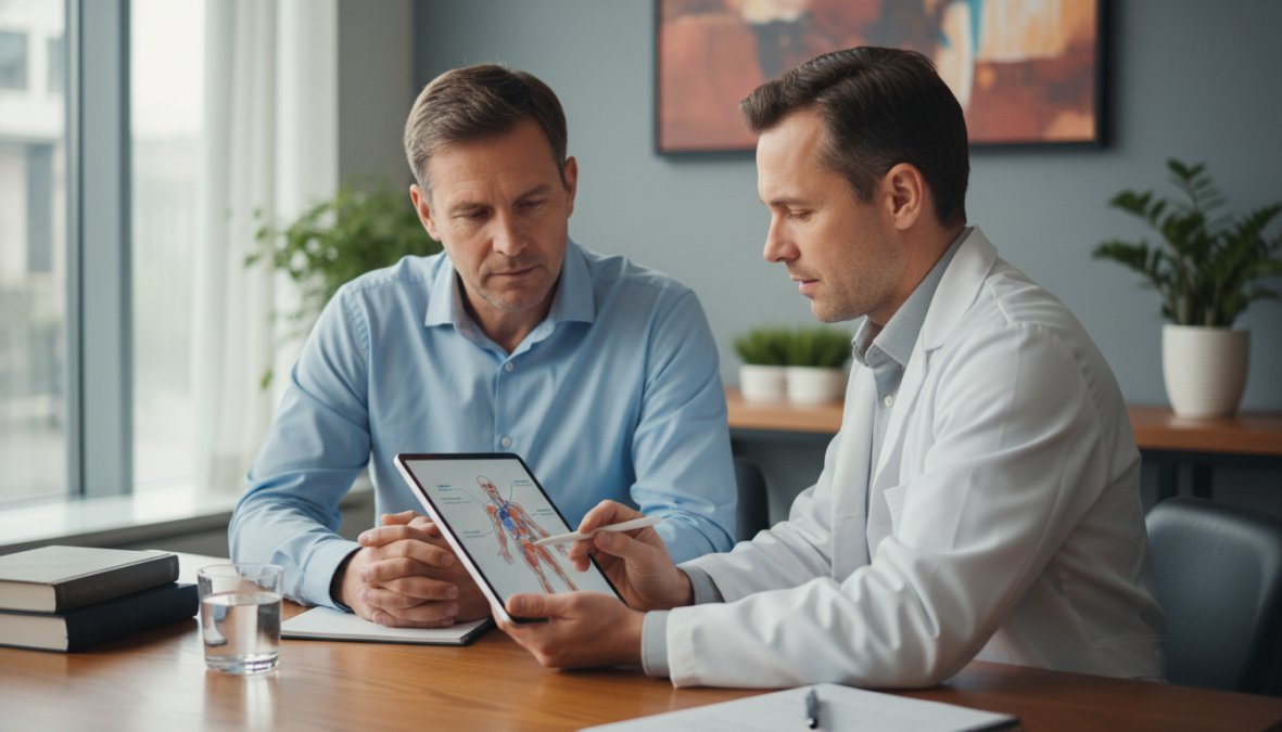 A man in his mid-40s in a calm consultation with a male physician at a modern clinic desk, both looking at a tablet screen together under warm overhead lighting