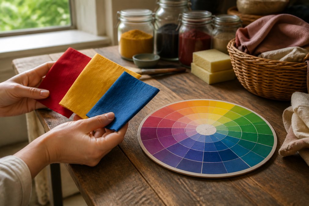 Mani che tengono campioni di tessuto tinto in rosso, giallo e blu primari, disposti accanto a una ruota dei colori fisica su un tavolo di legno naturale, con luce naturale dal finestra