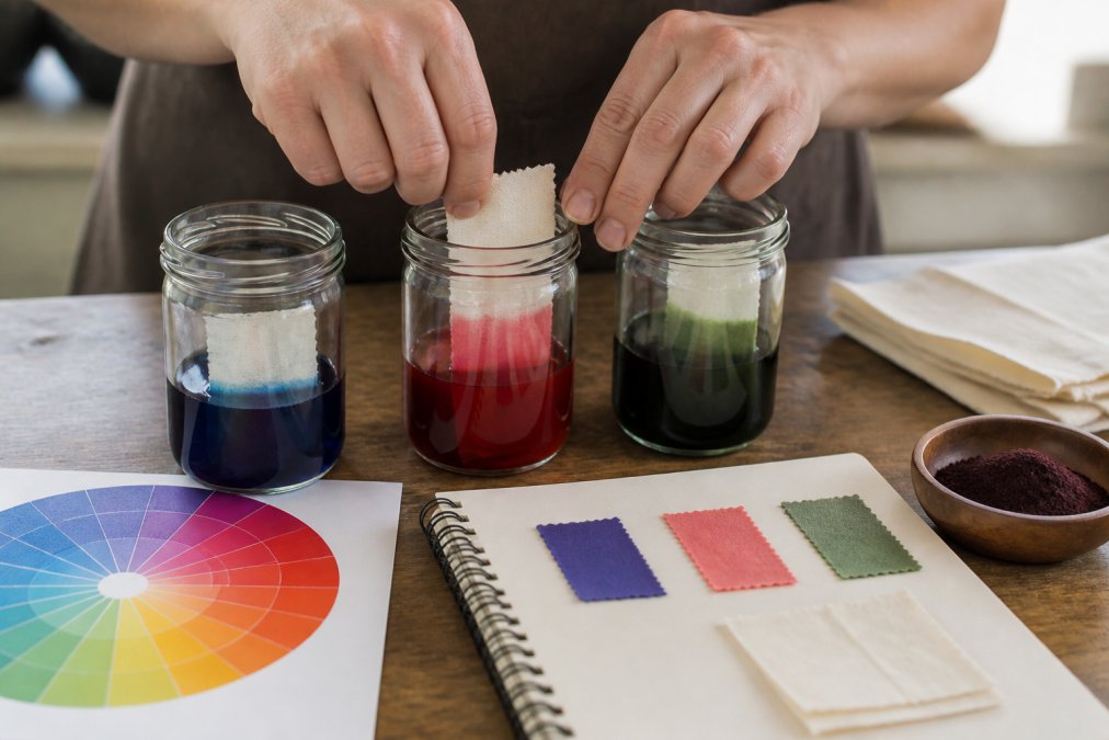 Primo piano di mani che immergono piccoli campioni di tessuto bianco in vasetti di vetro contenenti tinture colorate (blu, rosso, verde), con una ruota dei colori e un quaderno di appunti accanto su tavolo di legno