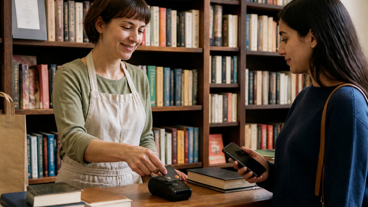 Una libraia incassa una vendita tramite pagamenti contactless usando un terminale in libreria
