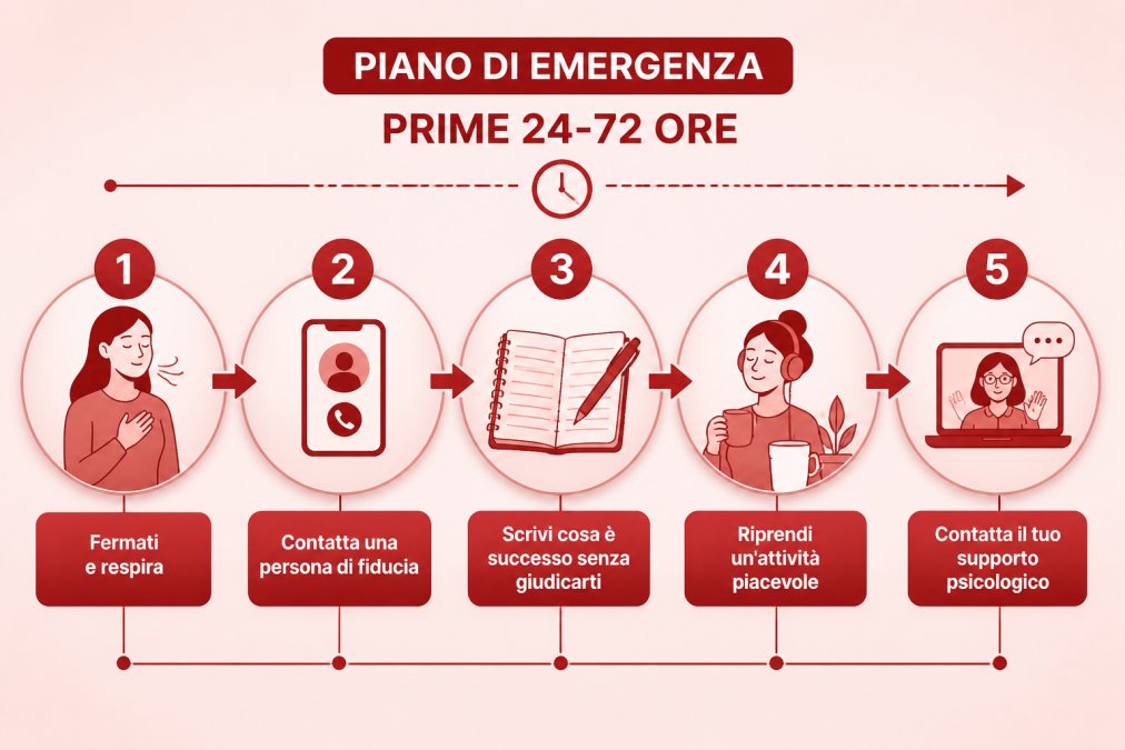 Flowchart del piano di emergenza nelle prime 24-72 ore: 1) Fermati e respira, 2) Contatta una persona di fiducia, 3) Scrivi cosa è successo senza giudicarti, 4) Riprendi un'attività piacevole, 5) Contatta il tuo supporto psicologico