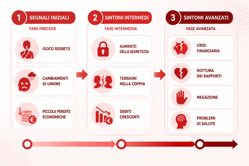 Flowchart showing progression from early warning signs (secret gambling, mood changes, small financial losses) through intermediate symptoms (increased secrecy, relationship tension, growing debts) to advanced symptoms (financial crisis, relationship breakdown, denial, health issues)