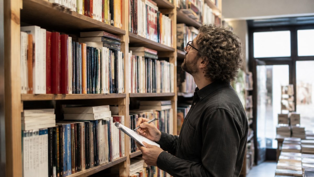 Libraio indipendente che controlla le giacenze su uno scaffale affollato di libri, con un tablet in mano e appunti su un foglio, luce naturale del negozio