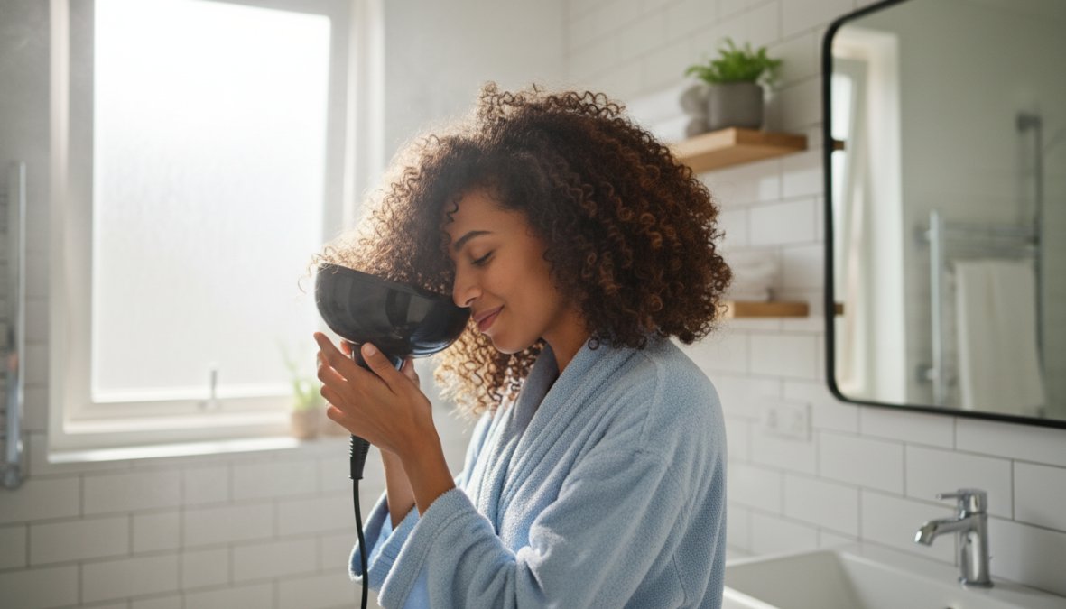Donna con capelli ricci naturali che usa un diffusore inclinando la testa di lato in un bagno luminoso, con i riccioli ben visibili e umidi ancora da asciugare